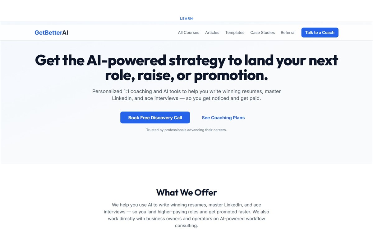 GetBetterAI homepage hero: AI-powered strategy to land a role, raise, or promotion