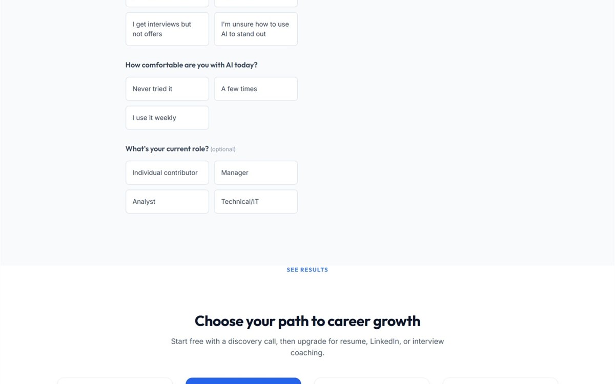 GetBetterAI career accelerator quiz and coaching plan cards