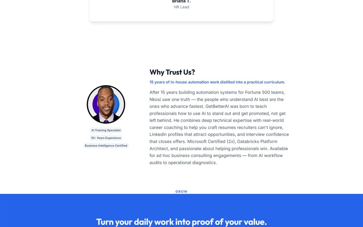 GetBetterAI trust section, daily work CTA, and free career starter templates