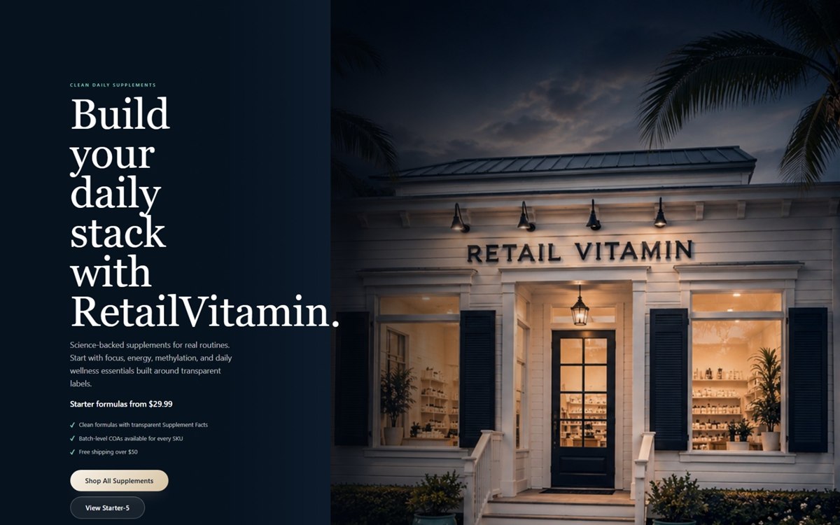 RetailVitamin storefront homepage: 'Build your daily stack with RetailVitamin' hero with a storefront photo