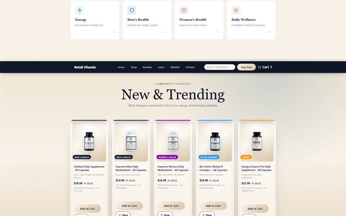 RetailVitamin product grid and shop sections from the live storefront